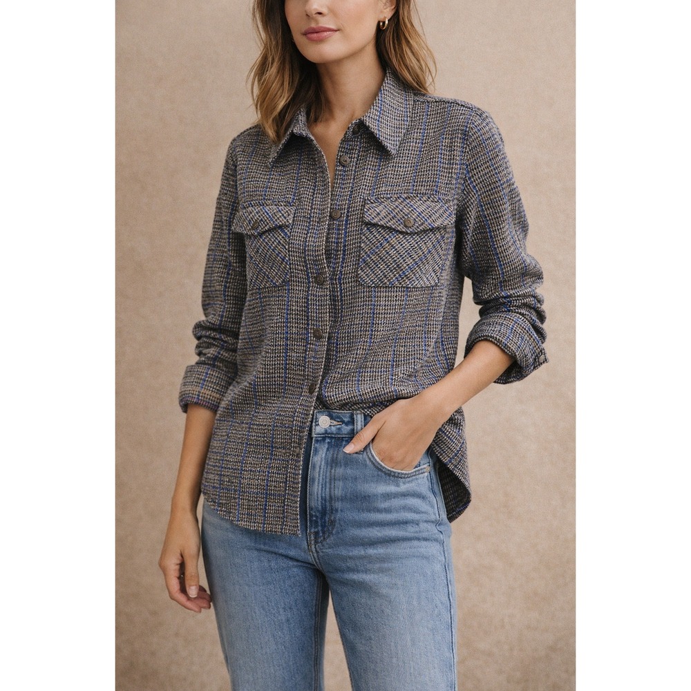 Who What Wear Collection XS Blue Brown Houndstooth Plaid Button Down Shacket